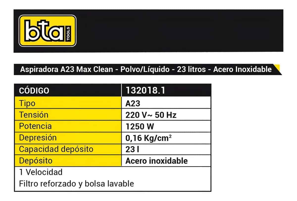 aspiradora bta 23 lts especificaciones